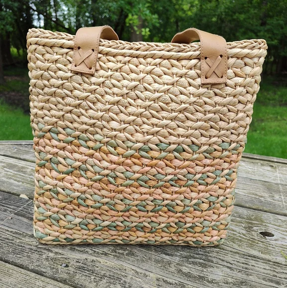 Woven Square Beach Tote Bag Straw Corn Husk Cotton Lined Natural Blue Pink - Picture 9 of 13